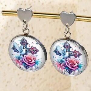New Y2K Bird Cross Heart-Shaped Gift earrings Silver Stud Colorful Floral church